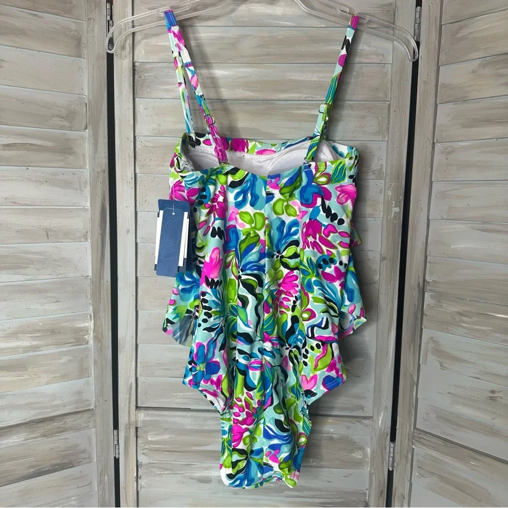 Caribbean Joe tiered bandeau floral 1 piece swimsuit removable straps Small NWT